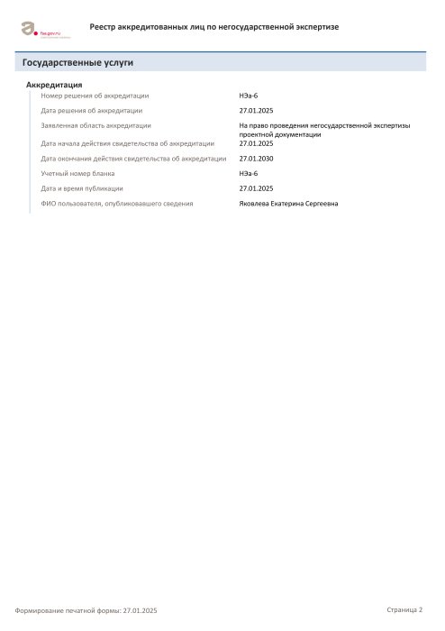 Аккредитация на право проведения негосударственной экспертизы результатов инженерных изысканий, выданное Федеральной службой по аккредитации № RA.RU.612504 от 27.01.2025. страница 2